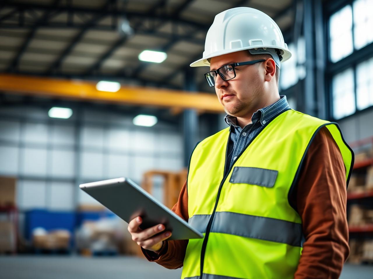Spectra health and safety consultant inspecting a UK warehouse with a tablet
