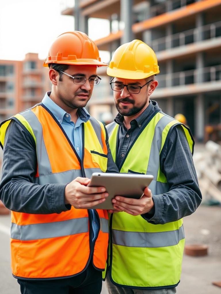 Site manager in hi-vis reviewing a tablet on a UK construction site